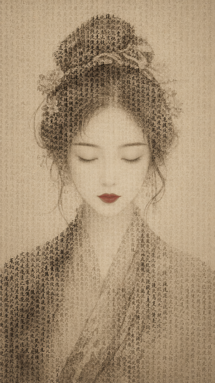 Calligraphy text art portrait of serene young East Asian woman with closed eyes, hair and robes formed from Chinese script...