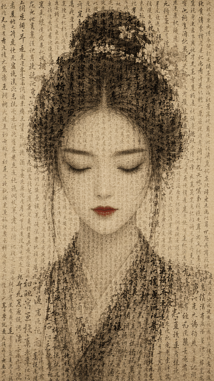 [Serene portrait of East Asian woman with closed eyes overlaid with dense traditional Chinese calligraphy on aged sepia pa...