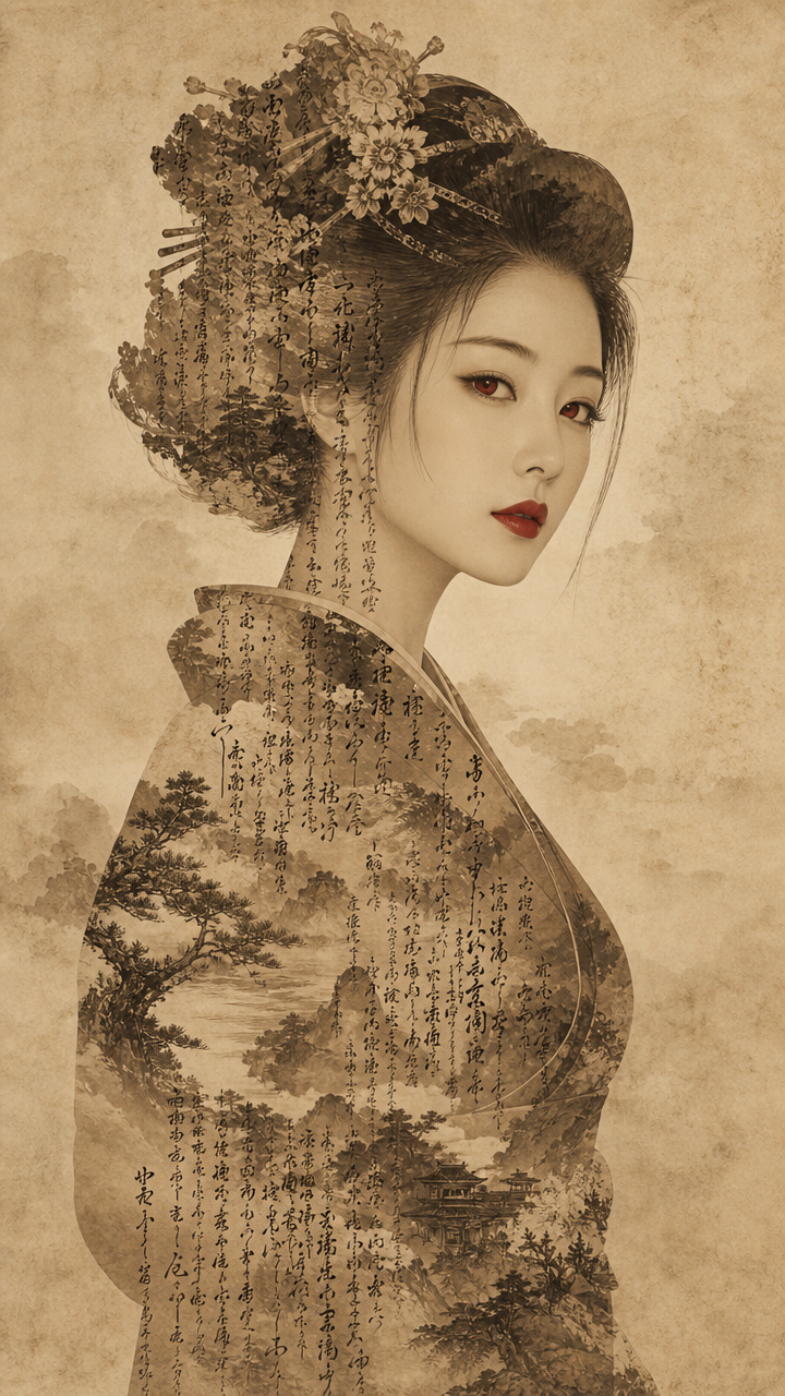 [Sepia double exposure portrait of a traditional Japanese geisha overlaid with calligraphy and ink landscape on aged parch...