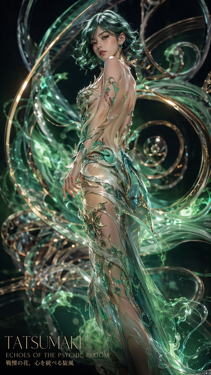 [Stylized fantasy portrait of Tatsumaki with short teal hair, ornate green-gold gown, swirling glowing psychic energy back...