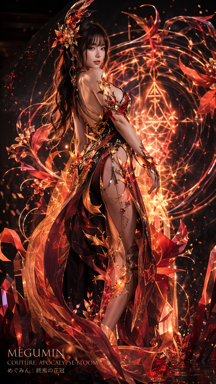 Fantasy portrait of Megumin in ornate red-gold couture, surrounded by glowing fiery magical sigils.