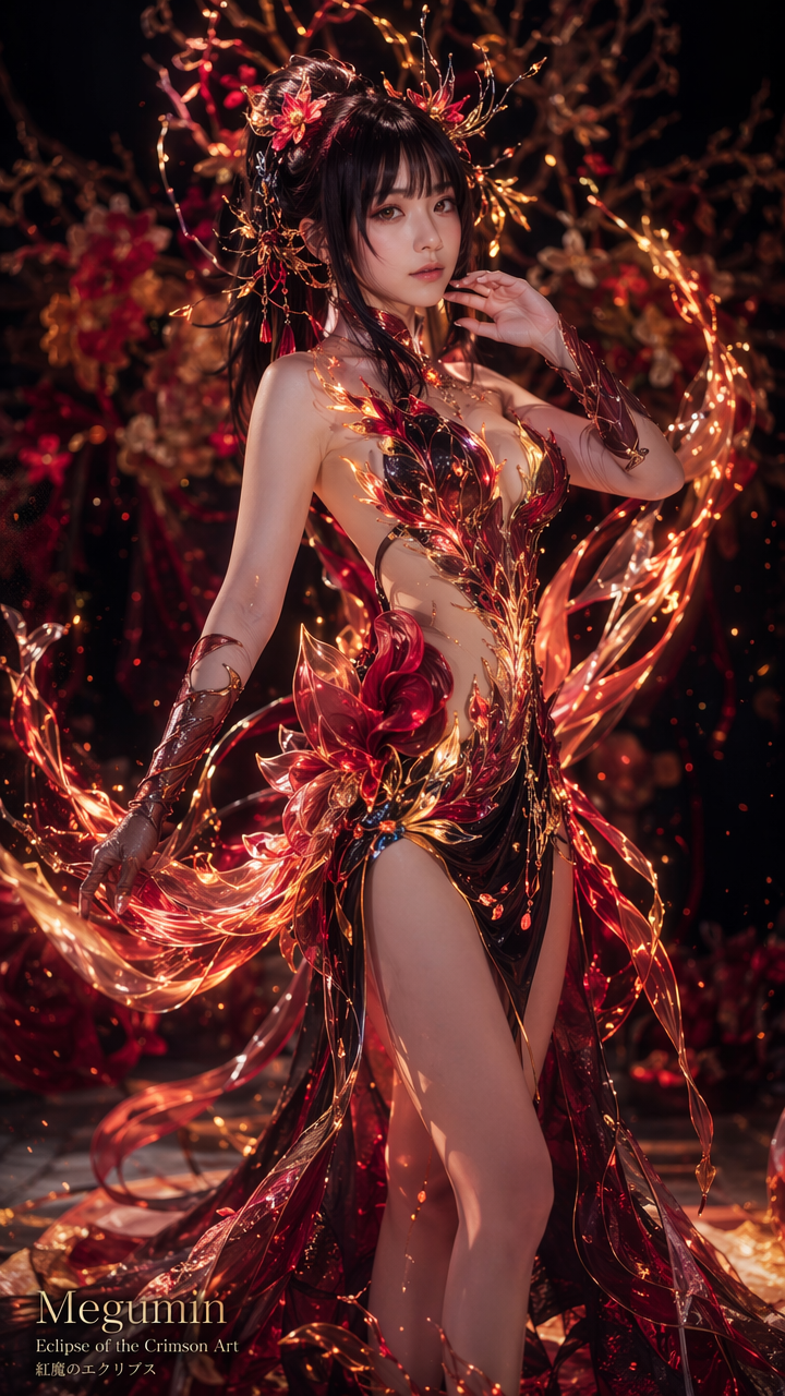 [Ethereal fantasy portrait of Megumin in glowing crimson gold fire gown, adorned with ornate floral hair accessories again...