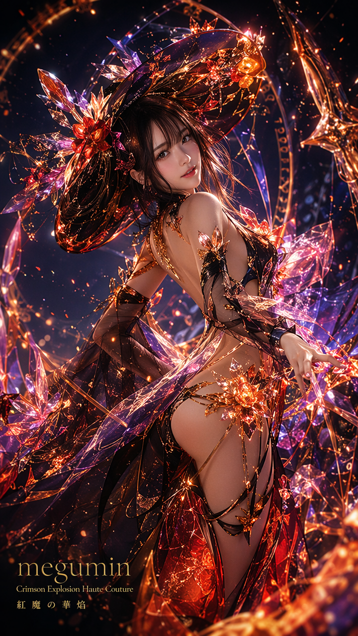 [Fantasy illustration of Megumin in ornate glowing crystal haute couture, surrounded by fiery purple magical sparkles on d...