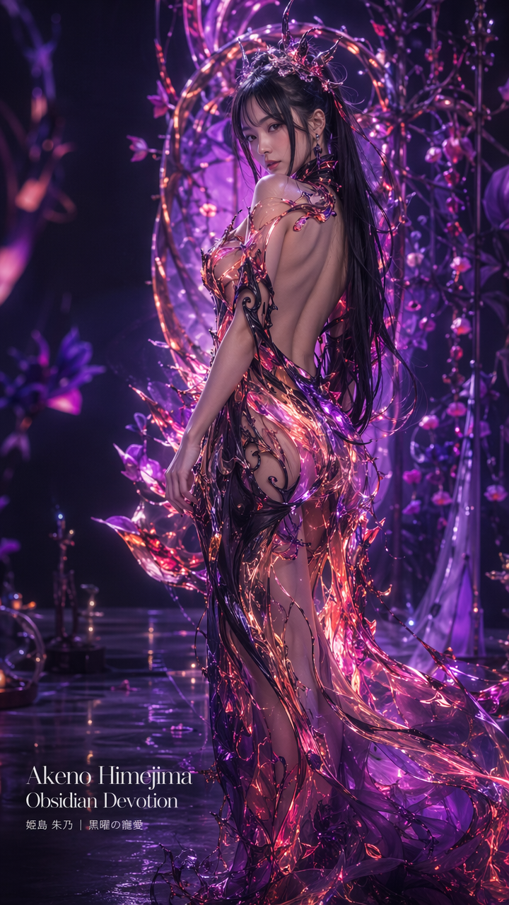 Fantasy portrait of Akeno Himejima in a glowing iridescent purple crystal gown against an enchanted dark floral backdrop