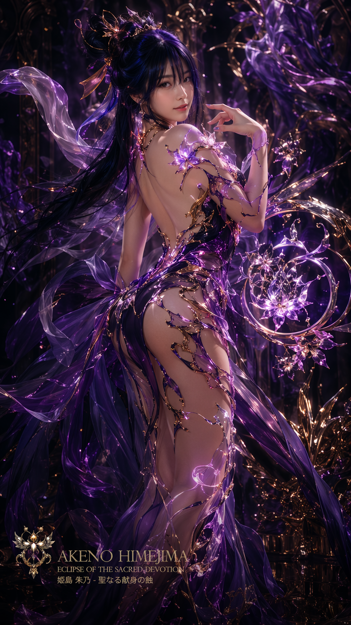 Fantasy portrait of Akeno Himejima in a glowing purple crystalline gown, set against an ornate dark gilded fantasy backgro...