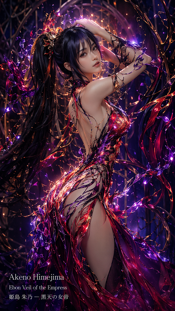 Fantasy portrait of Akeno Himejima in a glowing iridescent red-purple gown, framed by twisted magical thorny foliage and p...