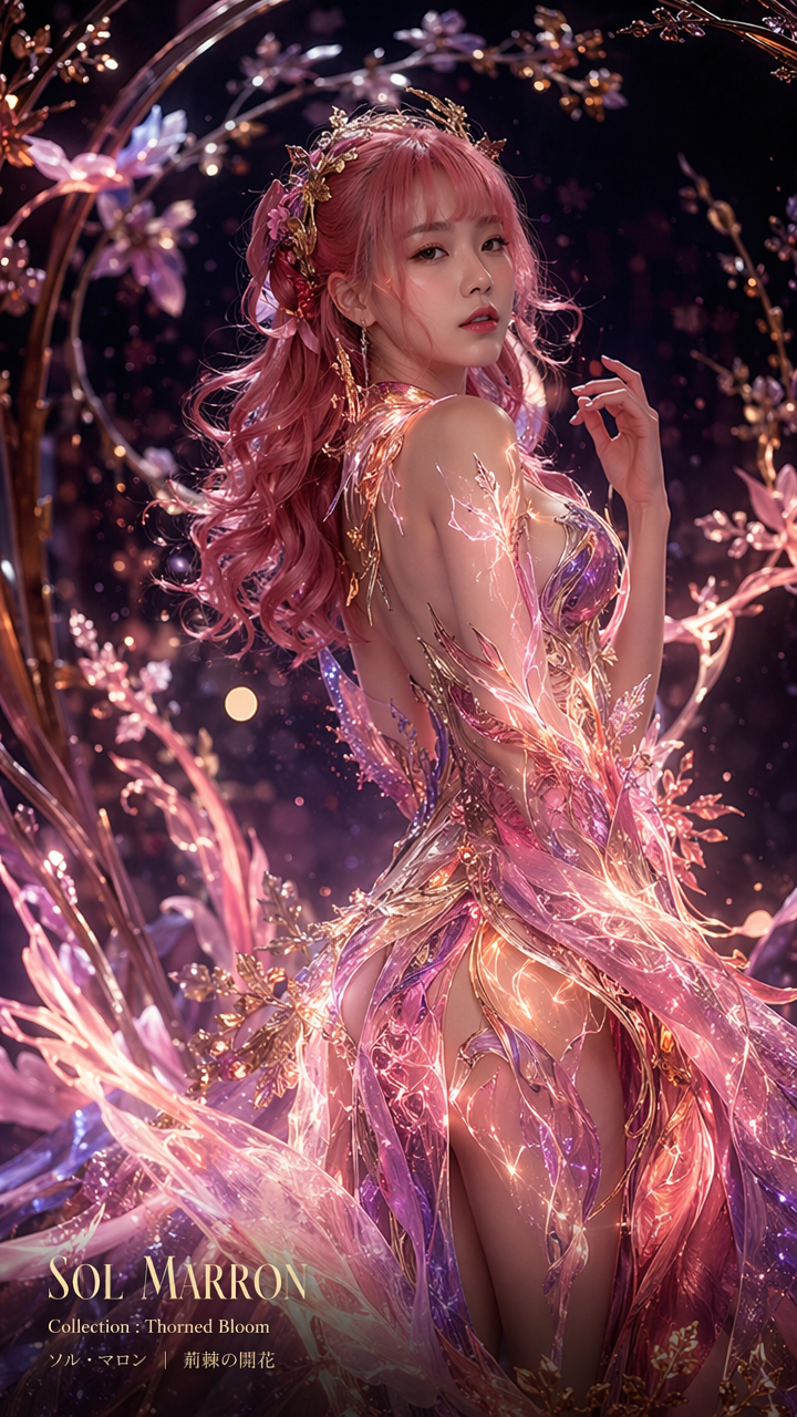 [Ethereal pink-haired fairy queen in glowing iridescent floral gown, framed by enchanted flowering branches against a dark...