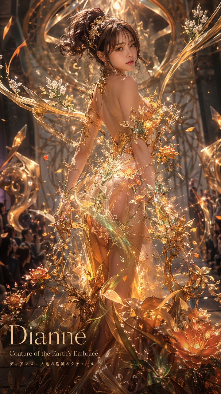 Ethereal fantasy portrait of Dianne in glowing golden botanical couture, looking back over her shoulder on a fashion runway