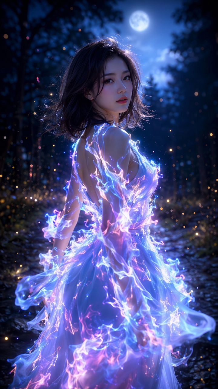 Young woman in glowing ethereal plasma dress stands in a moonlit enchanted forest under a bright full moon
