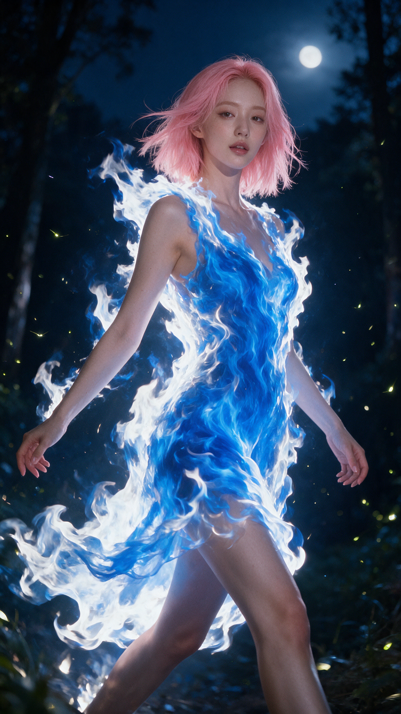 Young woman with short pink hair wears a glowing blue flame dress walking in a moonlit night forest
