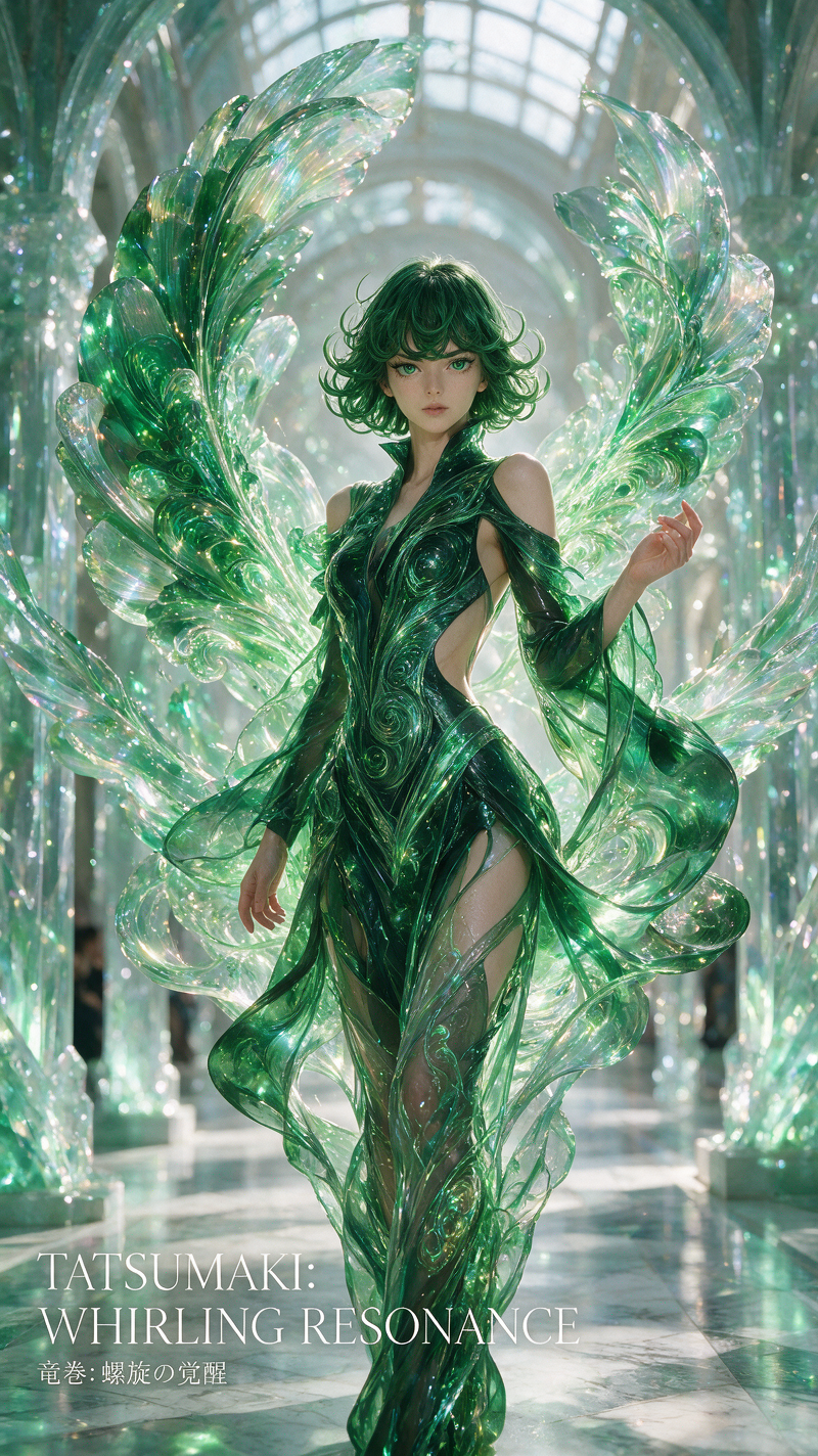 Stylized fantasy Tatsumaki fanart with glowing emerald crystal wings standing in a sunlit glass palace corridor.