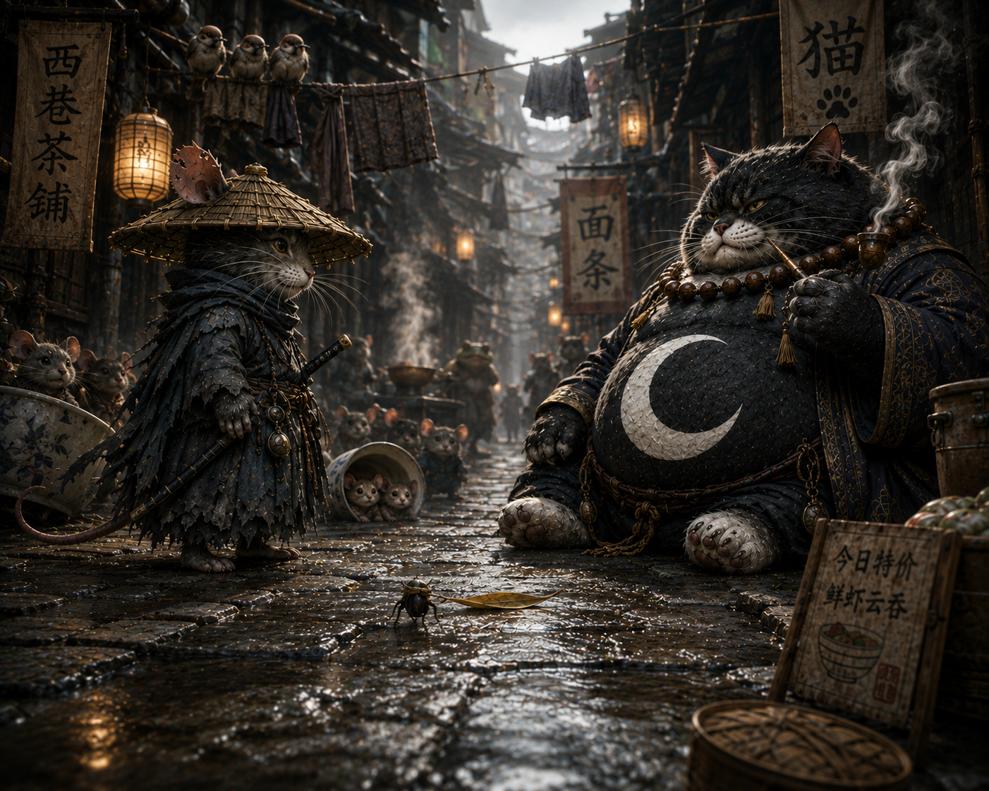 Anthropomorphic samurai cat faces a large crime lord cat in a rainy fantasy East Asian market alley.