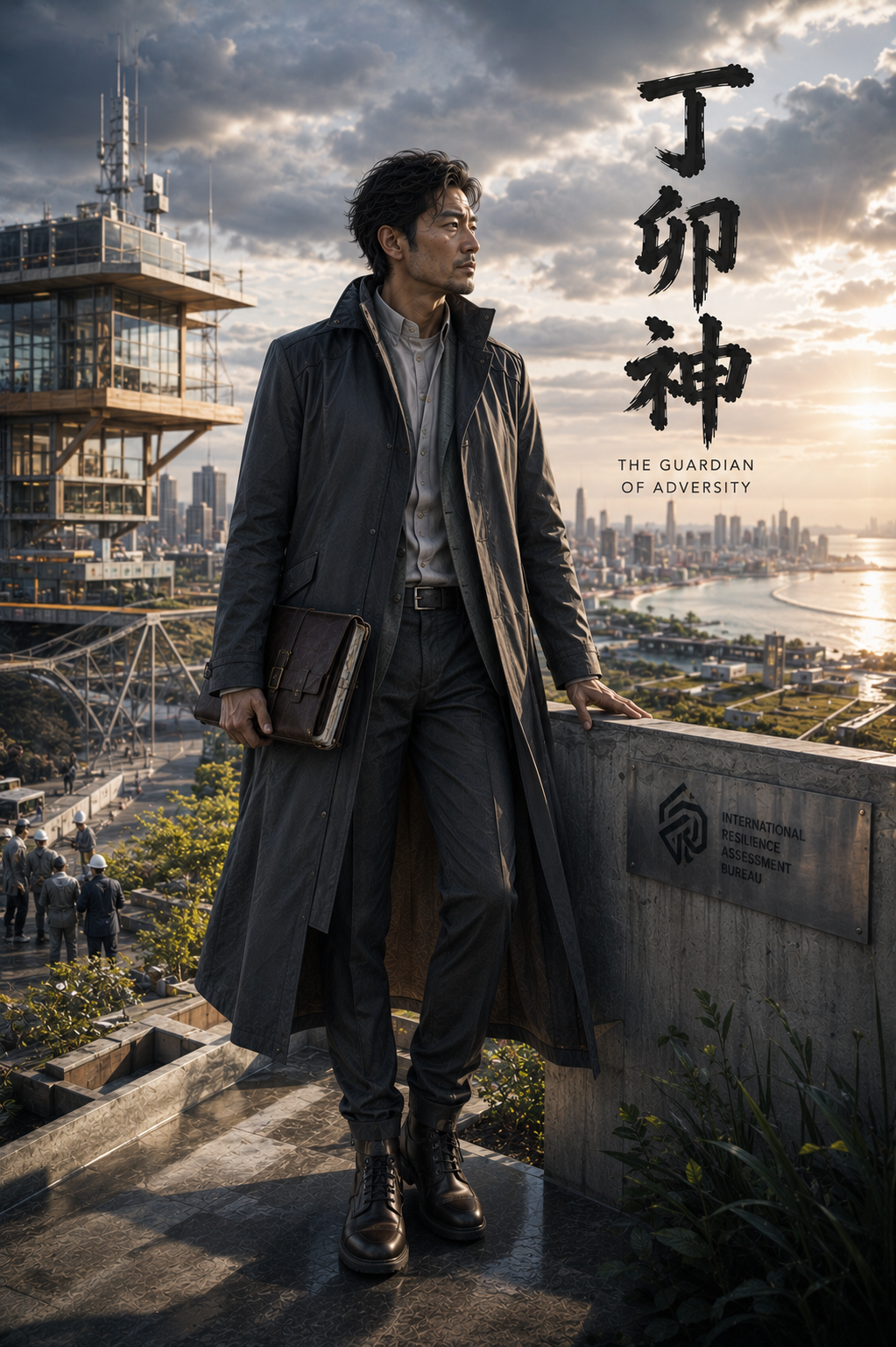Stoic East Asian man in a long trench coat stands on a rooftop overlooking a futuristic coastal city, cinematic movie post...