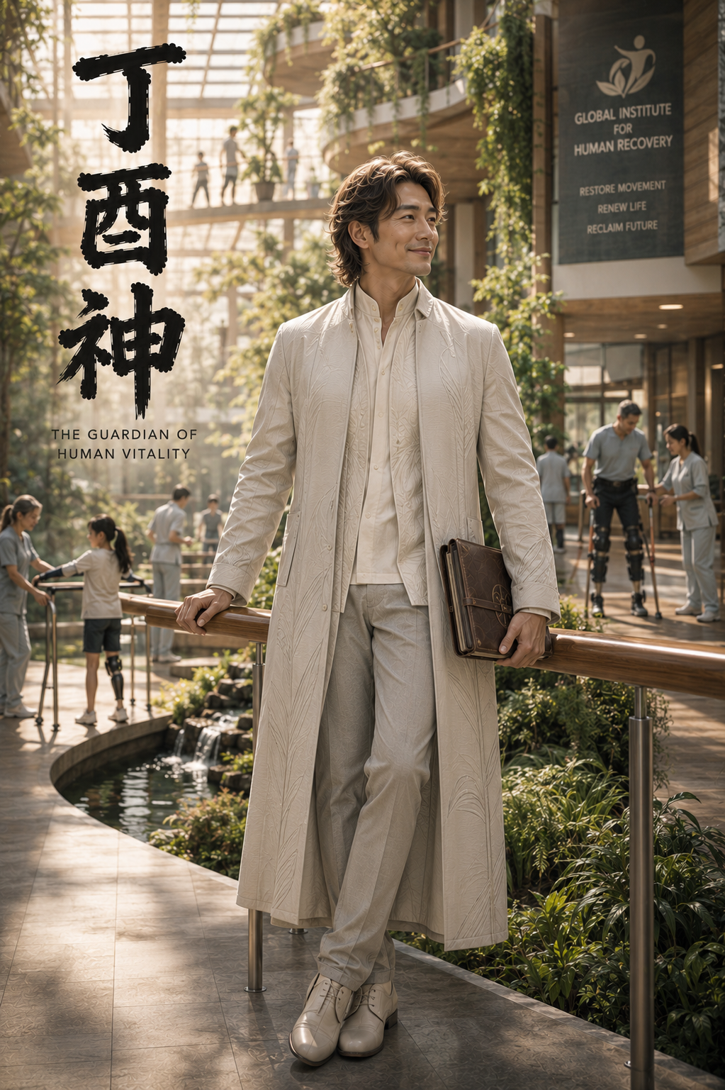 [Cinematic promotional poster of a serene East Asian healer character standing in a sunlit biophilic rehabilitation center...