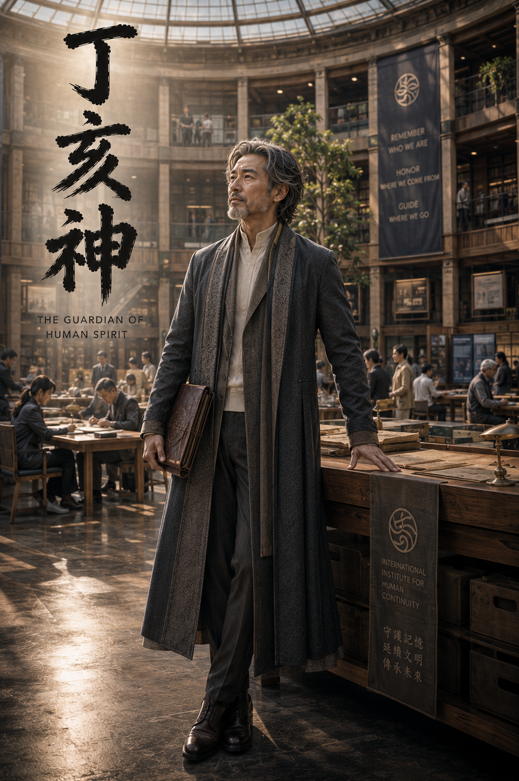 Gray-haired elder in long coat stands in sunlit multi-story library, fantasy poster titled The Guardian of Human Spirit