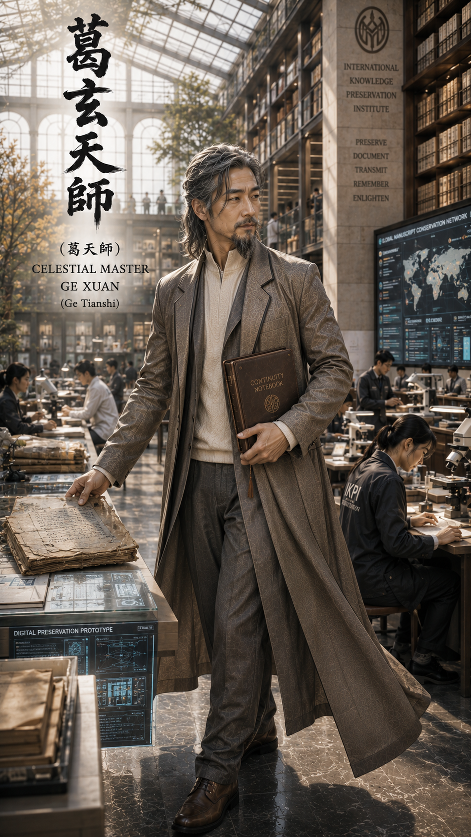 [Gray-haired Celestial Master Ge Xuan stands in a sunlit futuristic knowledge preservation institute holding a leather not...