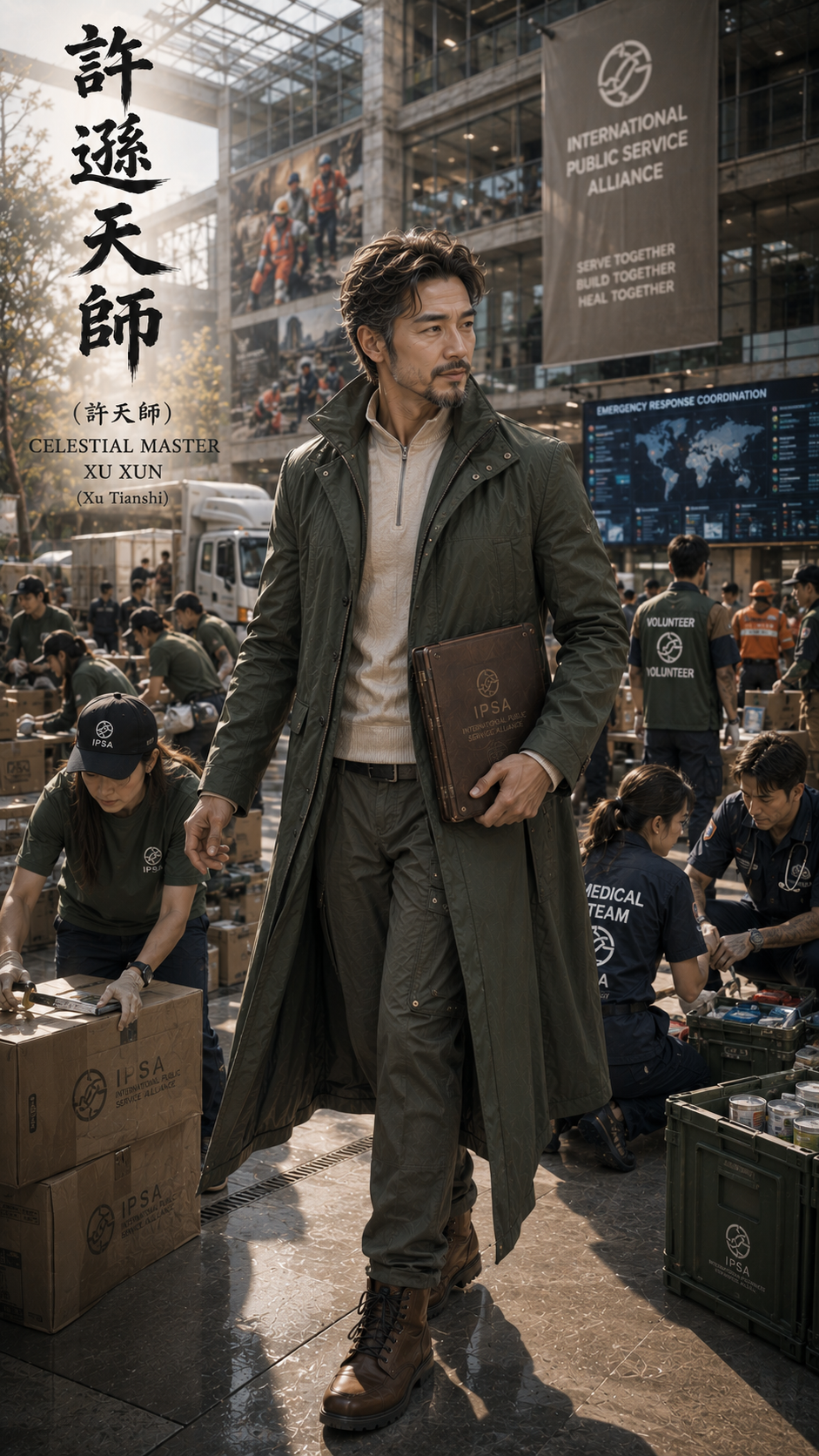 Cinematic concept art of Celestial Master Xu Xun walking through a busy modern IPSA disaster relief operations hub.