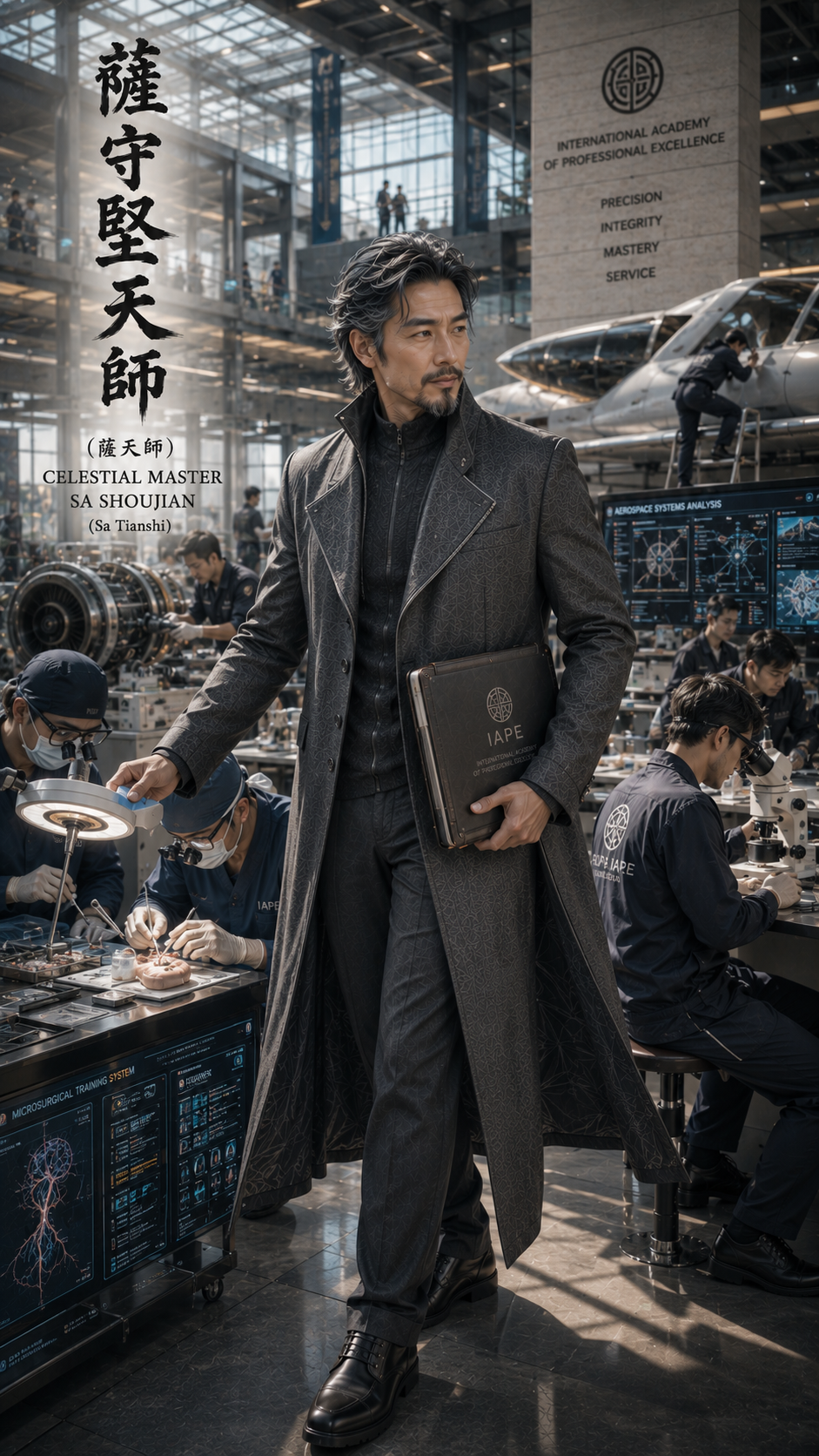 Cinematic portrait of fictional Celestial Master Sa Shoujian walking through a sunlit futuristic high-tech academy workshop