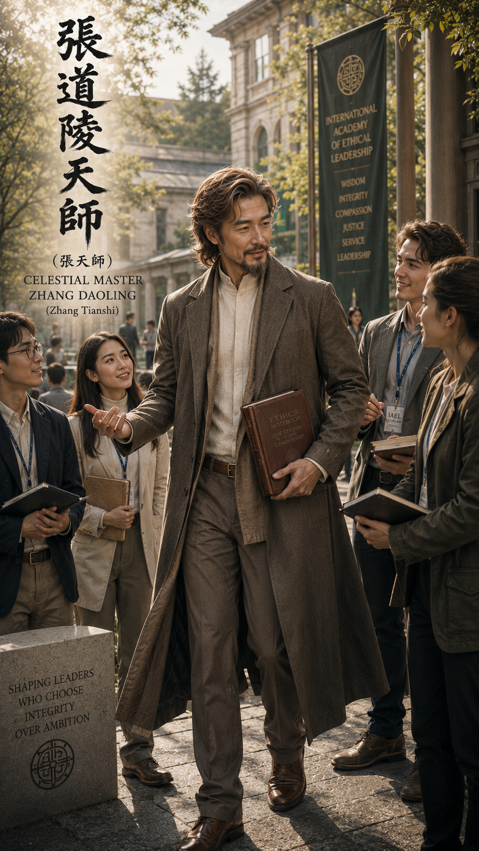 Celestial Master Zhang Daoling leads students on the sunlit campus of an ethical leadership academy.