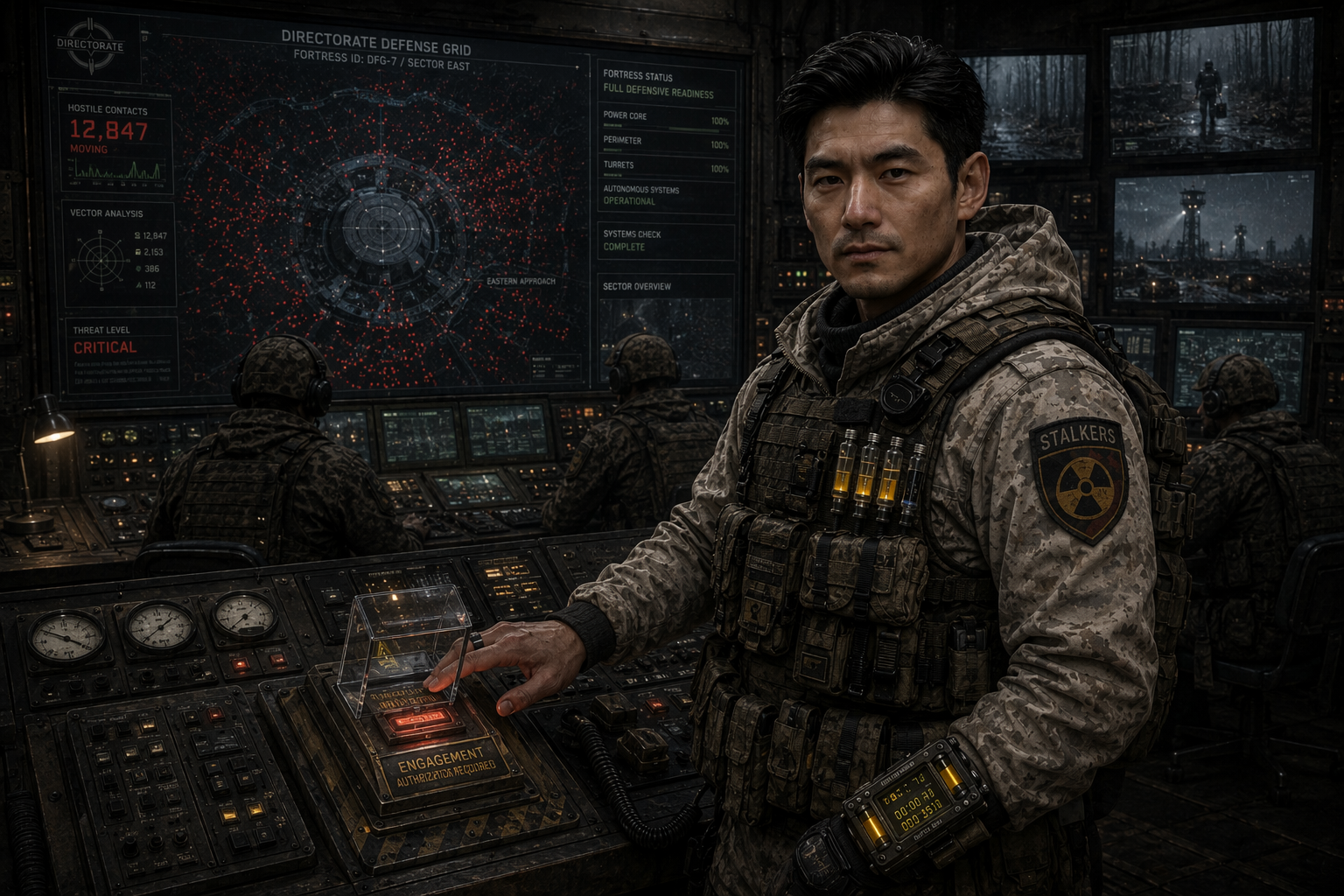 [Stalker unit commander stands at a fortified bunker command console, with a critical threat defense grid display in the b...