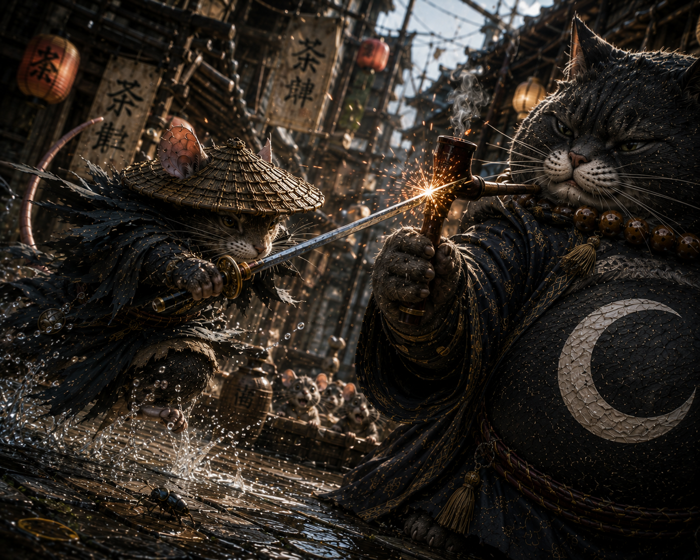 Anthropomorphic samurai cat clashes katana against large foe cat blocking with pipe, sparks fly in rainy Japanese village ...