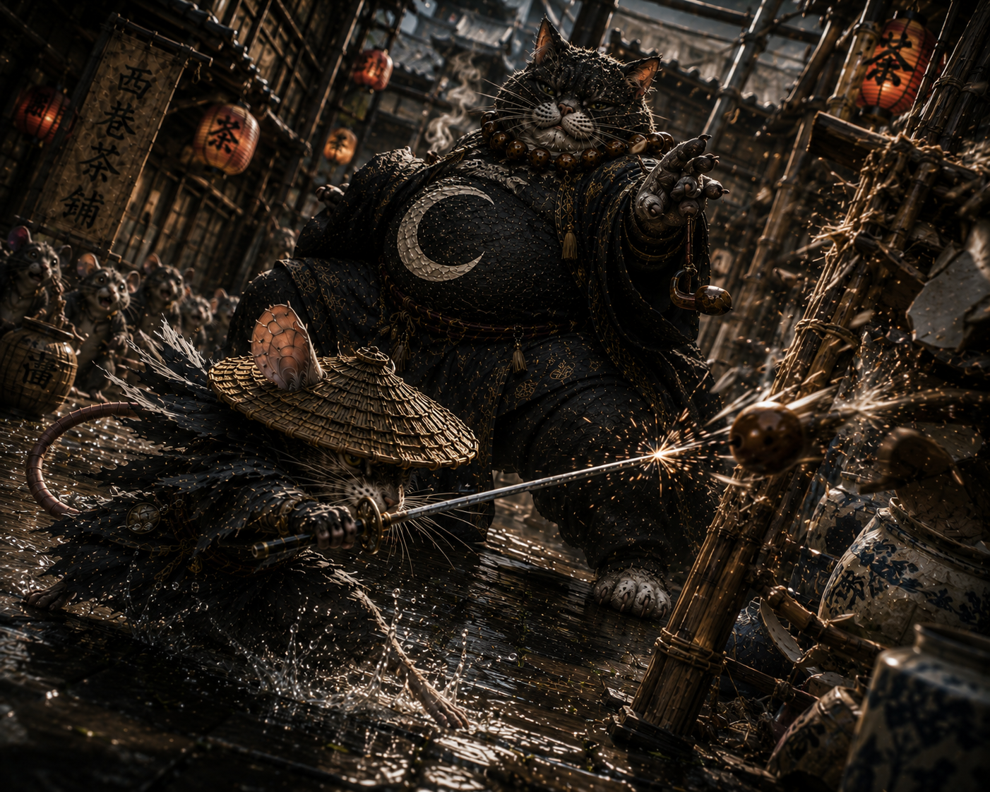[Anthropomorphic samurai mouse clashes with robed cat warlord, sparks flying from a drawn sword on a rainy feudal Japanese...