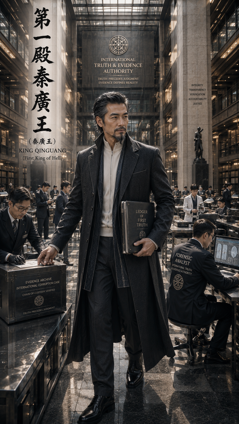 [King Qinguang holds a truth ledger while standing in the grand glass atrium of the International Truth & Evidence Authori...