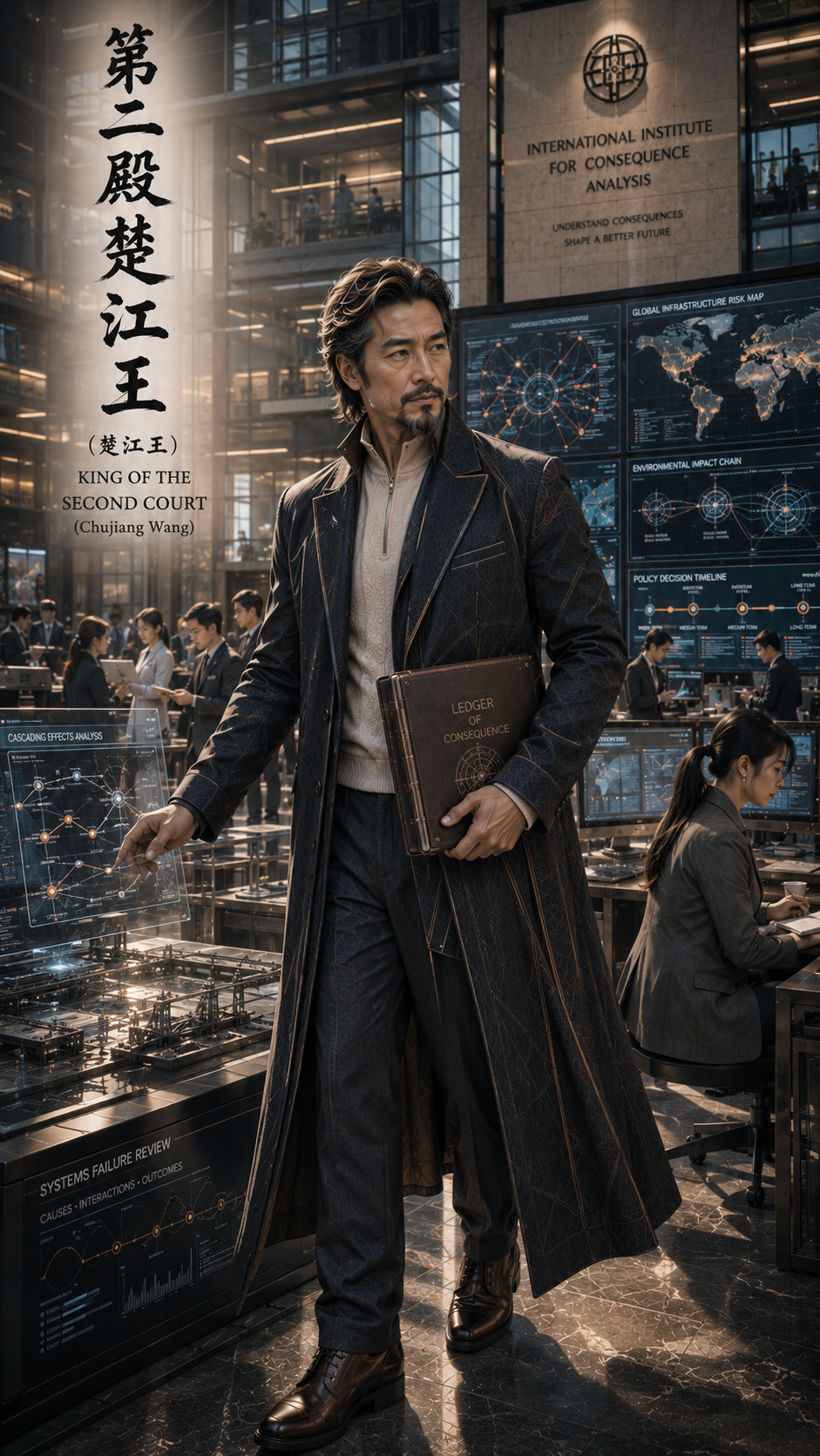 [Authoritative Chujiang Wang, King of the Second Court, stands in a futuristic high-tech office holding a ledger and inter...