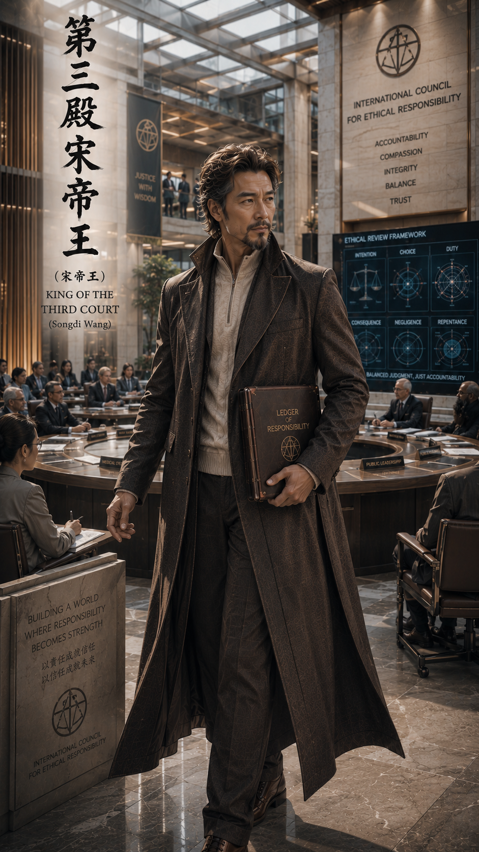 Middle-aged East Asian man in a long coat holds a responsibility ledger while walking through an ethics council boardroom.