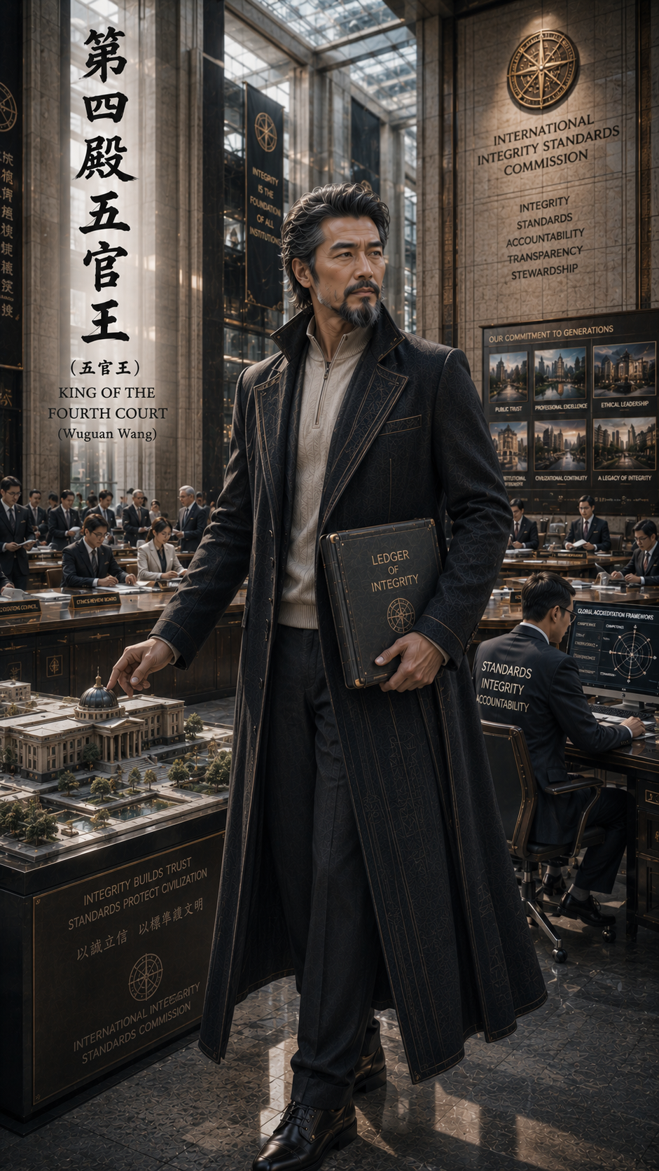 Stoic middle-aged East Asian leader holds a Ledger of Integrity in a grand formal governance office with staff working in ...
