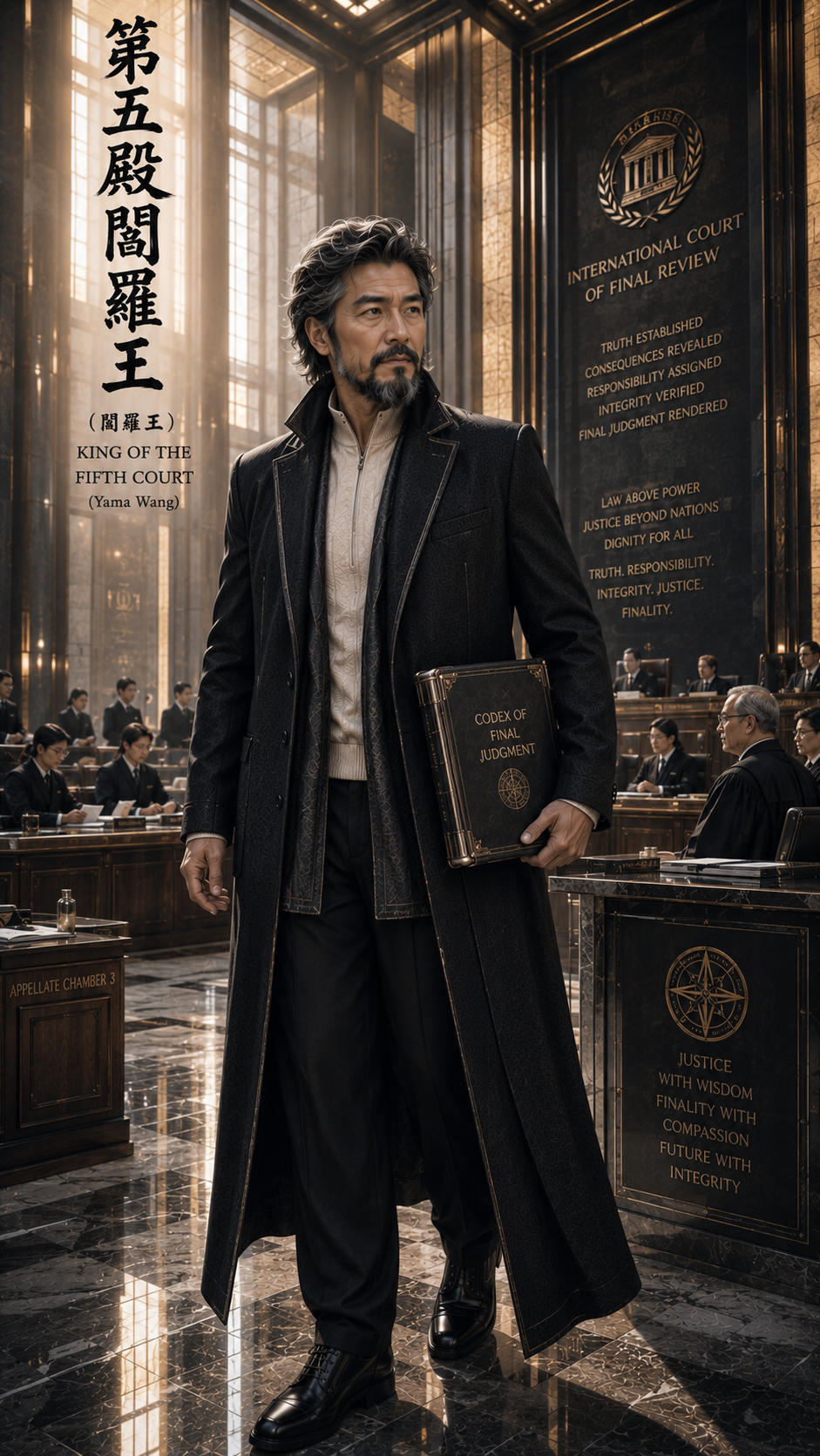 Modern reimagining of Yama Wang, King of the Fifth Court, holding a judgment codex in a grand formal international courtroom