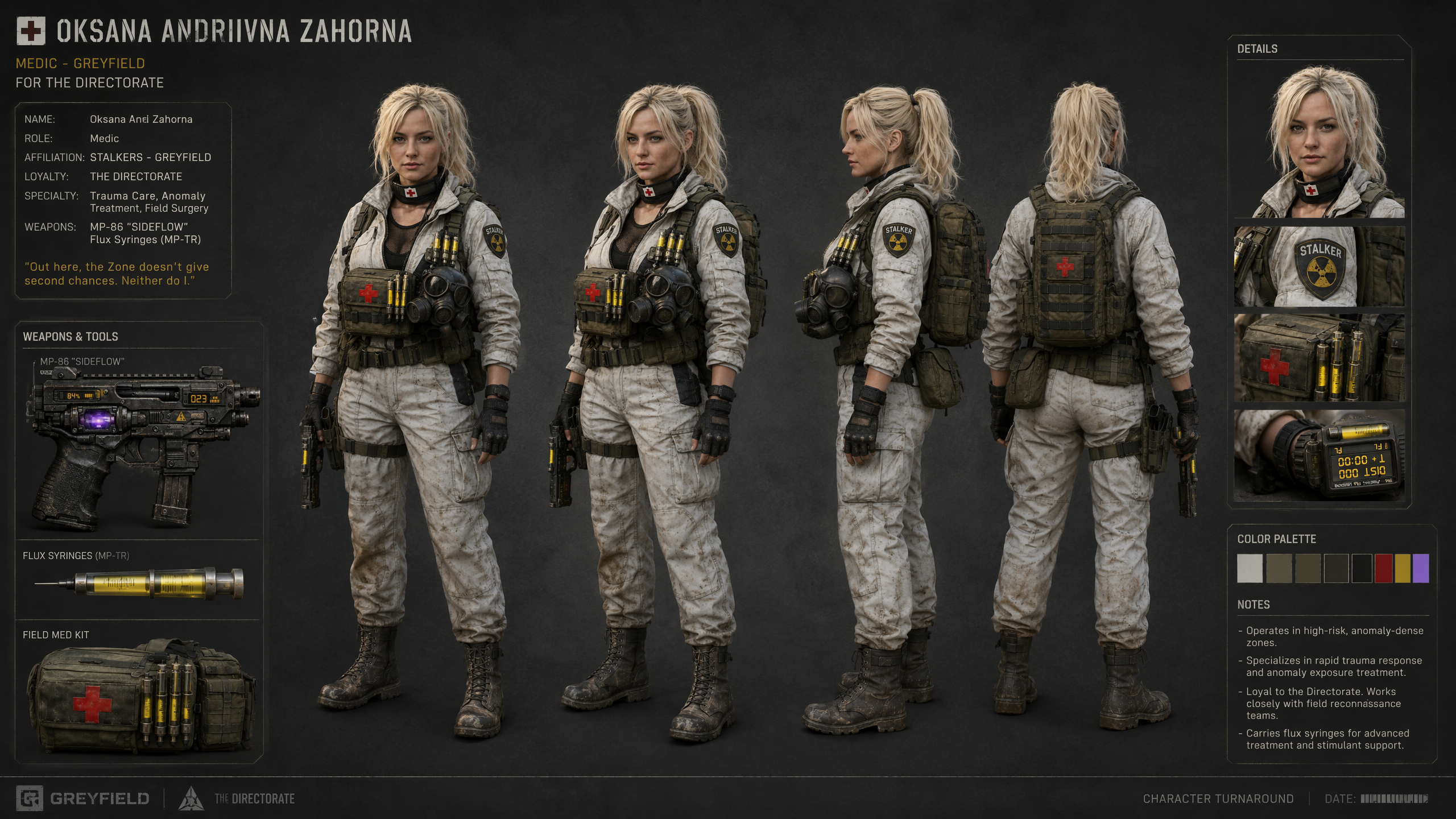 [3D character turnaround reference sheet for post-apocalyptic female Stalker combat medic, showing full views, gear, and l...
