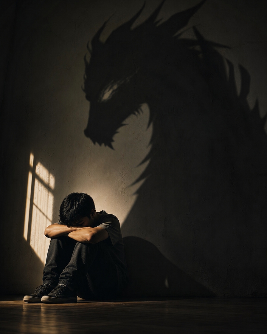Distressed curled young man sits on a floor, a large looming menacing dragon shadow cast on the wall behind him in soft wi...