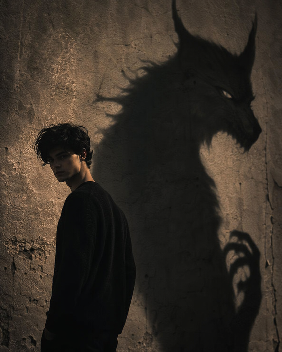 Brooding dark-haired young man looks over his shoulder, his cast shadow forms a menacing horned beast on a textured wall.