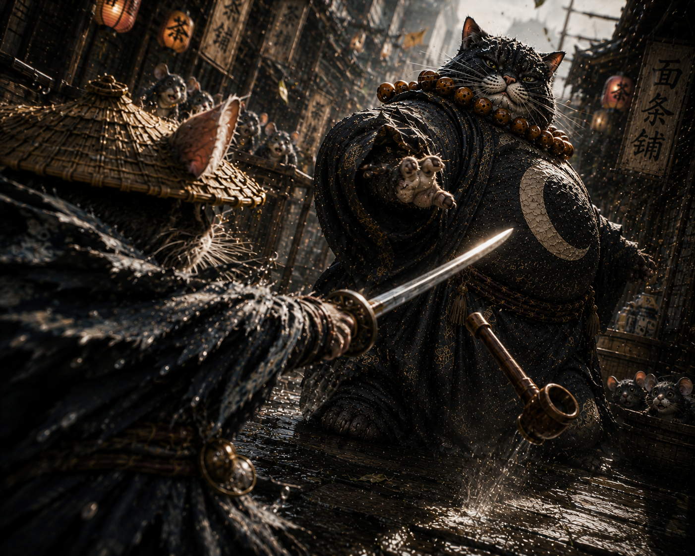 Tense duel between anthropomorphic samurai cats on a rain-soaked feudal Japanese street, mouse onlookers watch from backgr...