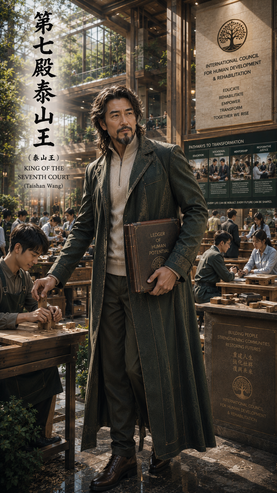 [Taishan Wang, King of the Seventh Court, holds a leather ledger while standing in a sunlit human rehabilitation workshop ...