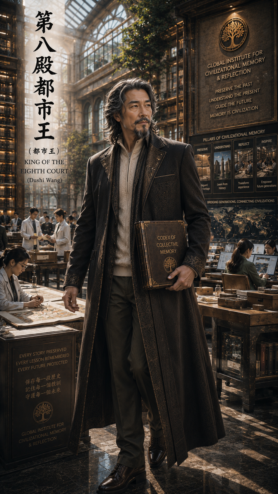 Distinguished older East Asian man holding an ornate leather book stands in a sunlit grand steampunk research library with...