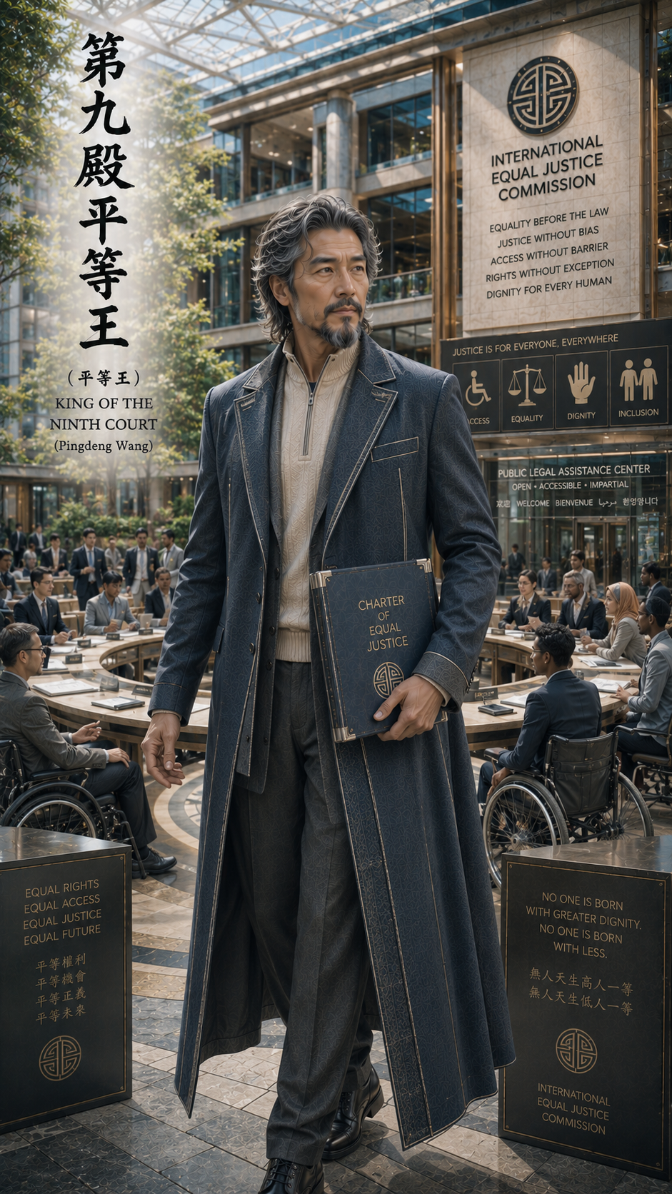 [Distinguished middle-aged East Asian leader holds a justice charter, walking through a sunlit equal justice commission at...