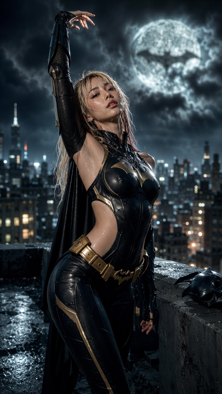 Batgirl cosplayer in black and gold suit poses on rainy Gotham rooftop under bat-symbol full moon