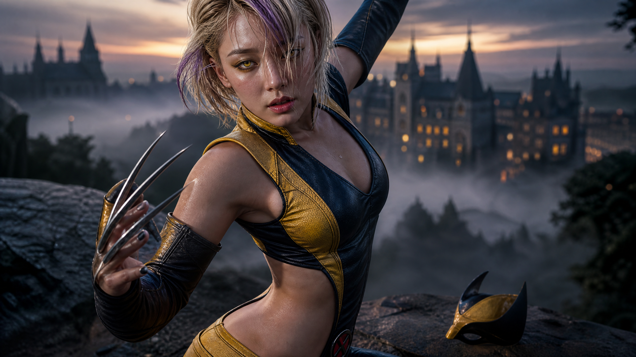 Female Wolverine cosplayer brandishes metal claws on a cliff, overlooking misty gothic castles at dusk, mask resting besid...