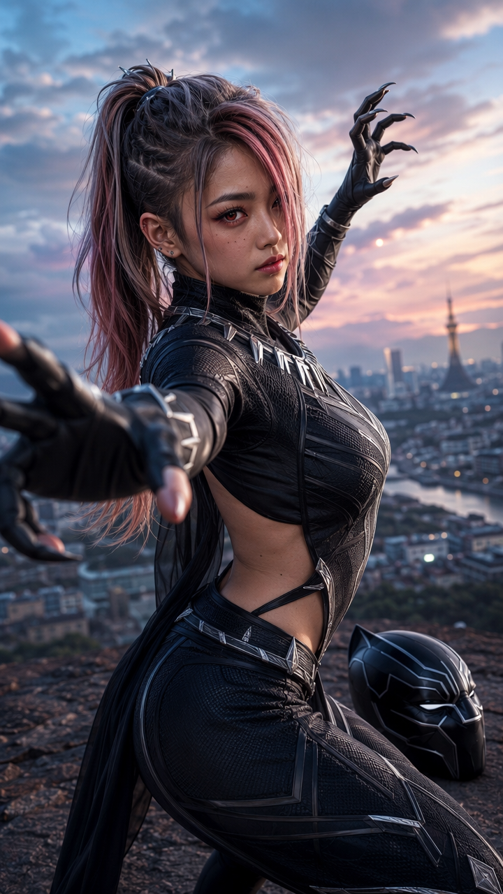 Female cosplayer with pink-streaked hair in a Black Panther inspired suit strikes a combat pose on a rooftop at sunset ove...