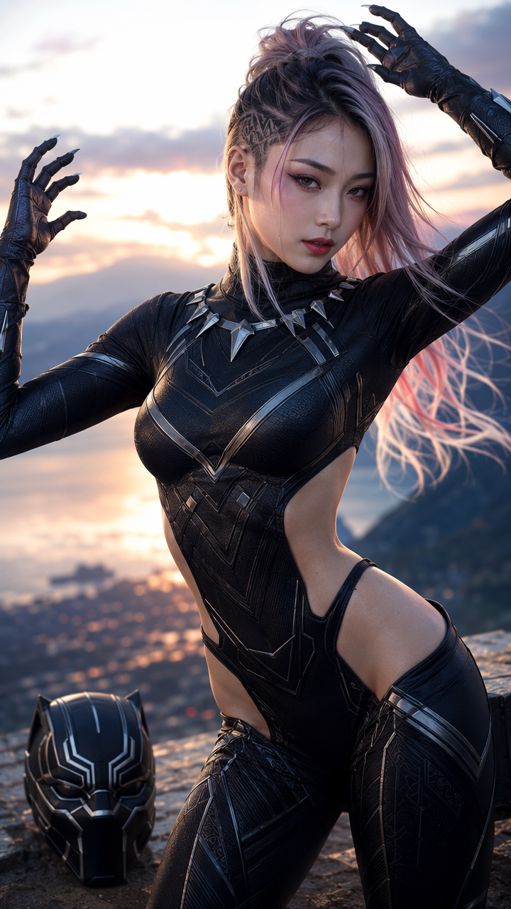 [Gender-swapped Black Panther cosplayer with pastel gradient hair poses on a sunset overlook, Black Panther mask resting b...