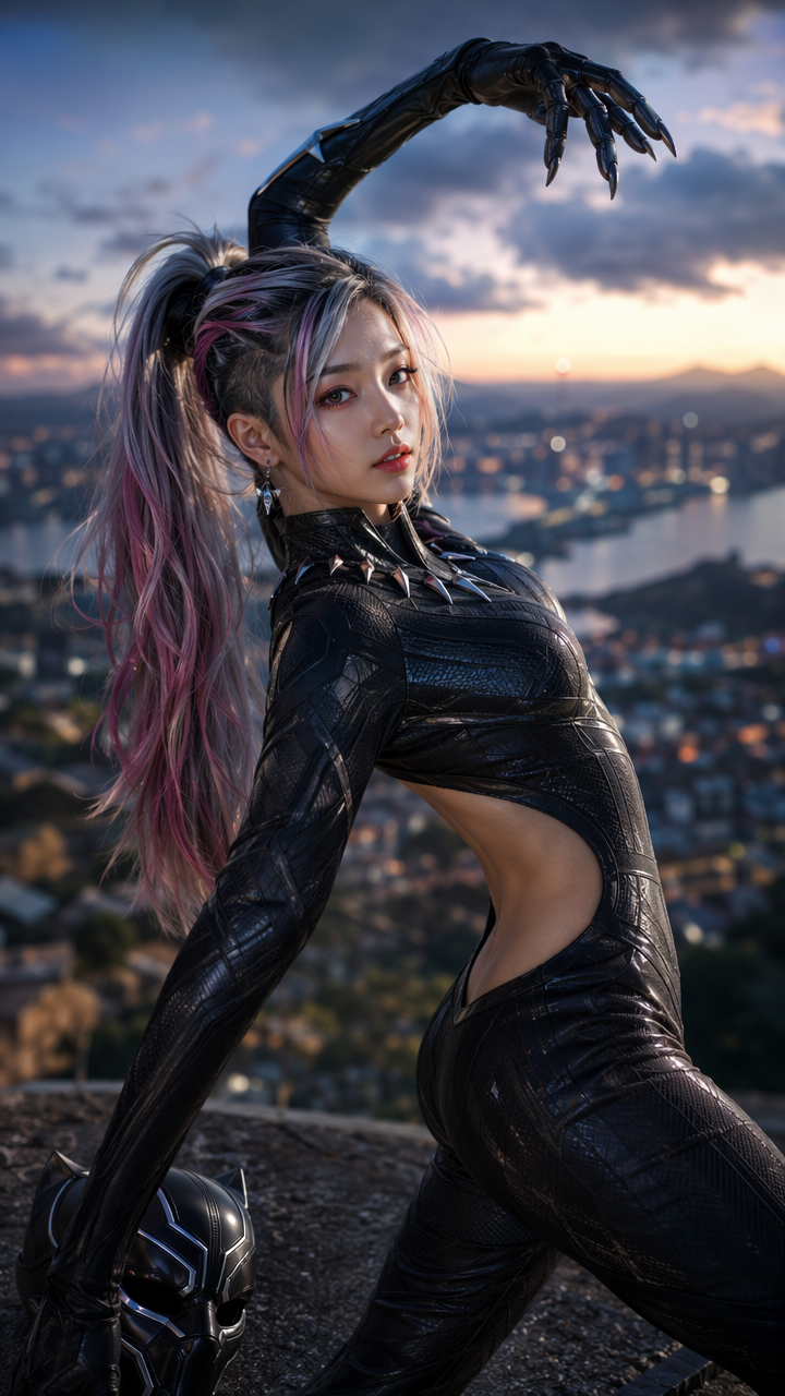 Female cosplayer in black panther-inspired superhero suit strikes a dramatic rooftop pose overlooking a city at sunset