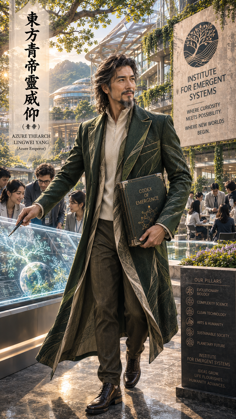Middle-aged East Asian scholar holds the Codex of Emergence, pointing at a hologram outside a futuristic sustainable resea...