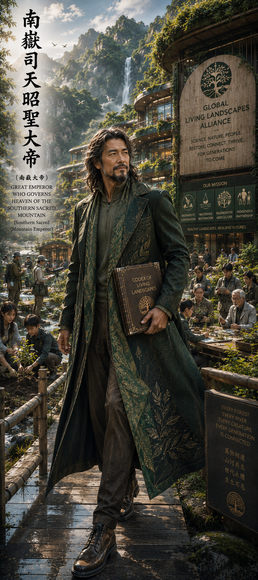 [Mythic East Asian mountain emperor holding a codex stands on a boardwalk in a lush sustainable mountain community with a ...