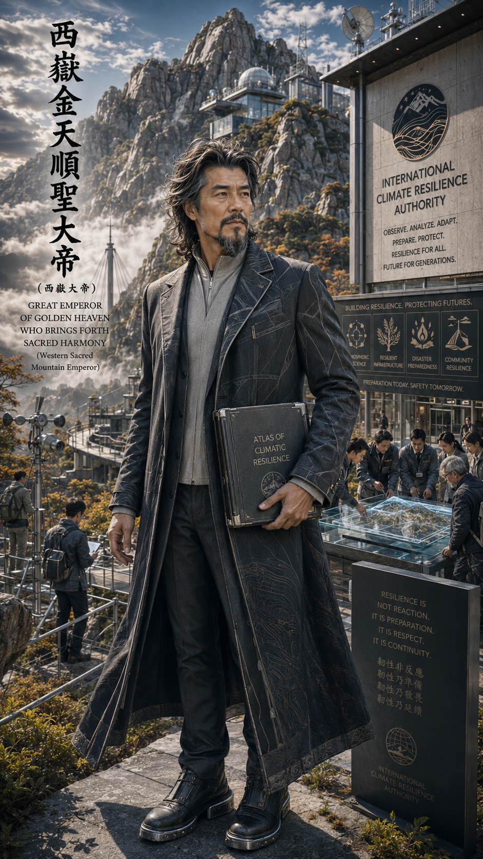 [Distinguished East Asian Western Sacred Mountain Emperor figure holds a climate atlas at a futuristic mountain climate re...