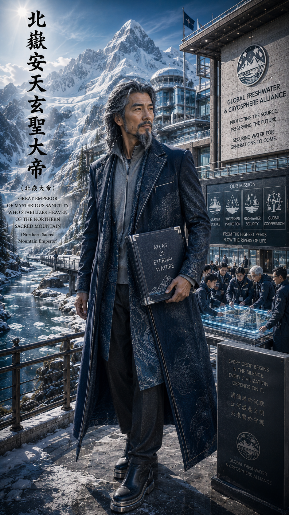 [Elder fictional Northern Sacred Mountain Emperor stands at futuristic alpine freshwater research station before snowy mou...