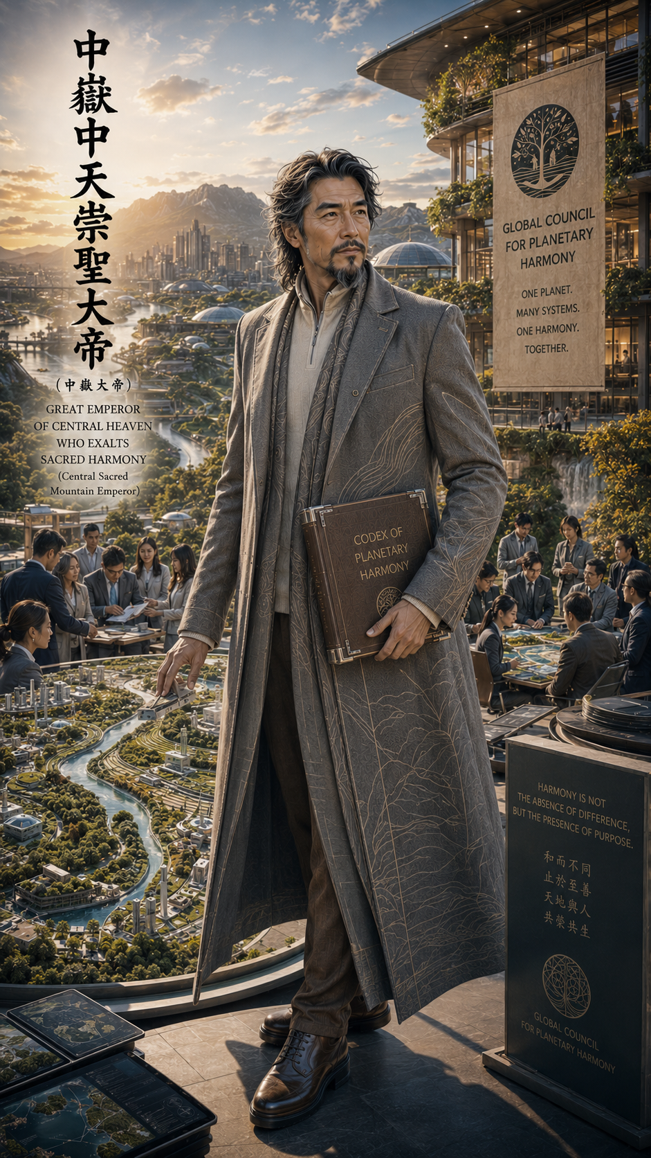 [Futuristic portrait of East Asian leader holding a harmony codex, overlooking a sprawling solarpunk eco-city at golden su...