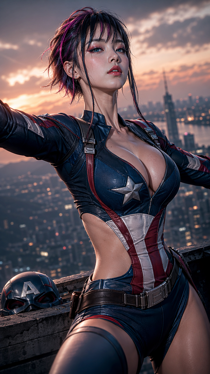 [Gender-swapped female Captain America variant stands on a skyscraper rooftop overlooking a lit city at sunset, helmet res...