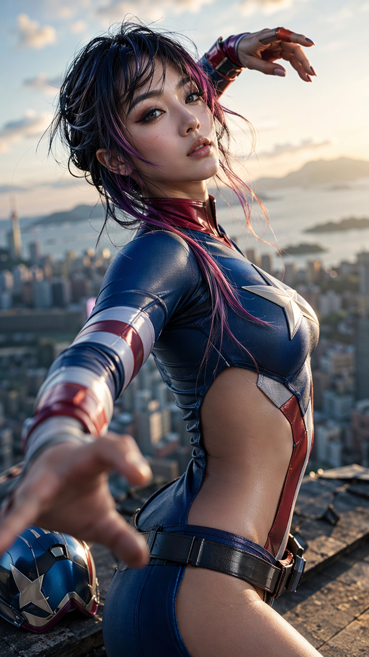 Female gender-swapped Captain America cosplayer reaches toward the viewer from a skyscraper rooftop at golden hour sunset